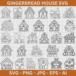 May include: A collection of twenty-five black and white line art illustrations of gingerbread houses arranged in a grid on a graph paper background. The text GINGERBREAD HOUSE SVG is at the top and SVG - PNG - JPG - EPS - AI is at the bottom.