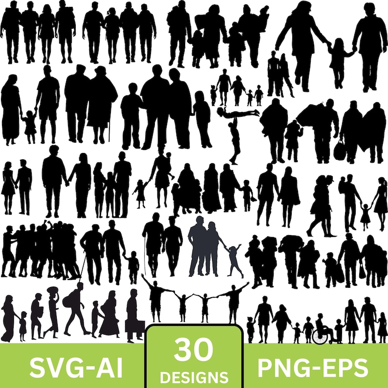 Family Size Vector Family Silhouette SVG Bundle, Father & Children Clipart (digital ...