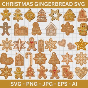 May include: A collection of gingerbread-themed SVG files featuring various Christmas shapes. Includes gingerbread men, houses, snowflakes, stars, and other festive designs. The text "CHRISTMAS GINGERBREAD SVG" is at the top, with file type options at the bottom.