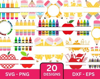 May include: A collection of 20 school-themed designs in SVG, PNG, DXF, and EPS formats. The designs include colorful pencils, crayons, apples, and other school supplies. The image has a white background with a pink and black rectangle that says "20 DESIGNS".