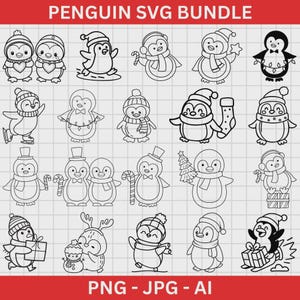 May include: A set of black and white penguin drawings in different festive poses, some with candy canes, hats, and presents. The text "PENGUIN SVG BUNDLE" is at the top, with "PNG - JPG - AI" at the bottom.