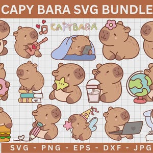 Könnte beinhalten: Ein digitales Kunstpaket mit verschiedenen Cartoon-Capybaras in verschiedenen Posen. Die Capybaras werden mit Accessoires wie einer Gitarre, Büchern und einem Laptop dargestellt. Der Text "CAPY BARA SVG BUNDLE" steht oben.