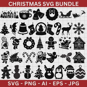 May include: A black and white Christmas SVG bundle with various holiday-themed illustrations. Includes images of ornaments, Santa Claus, reindeer, snowmen, Christmas trees, and the text "CHRISTMAS SVG BUNDLE" and "SVG - PNG - AI - EPS - JPG".