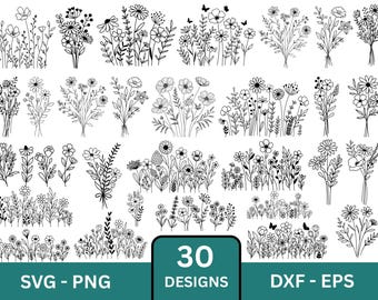 Paquete de archivos SVG de flores silvestres: Ramo floral minimalista, listo para Cricut (descarga digital)