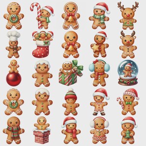 Può includere: Una collezione di vari personaggi di biscotti di pan di zenzero, ognuno con un abbigliamento festivo unico. Alcuni indossano cappelli di Babbo Natale, sciarpe e paraorecchie, mentre altri tengono bastoncini di zucchero o sono all'interno di una palla di neve. I biscotti sono decorati con glassa.