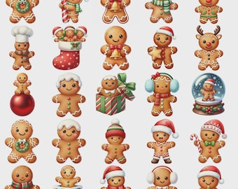 Pepparkaksgubben Clipart-paket, 180+ PNG-grafik med festliga julkakor, utskrivbara högtider, söt sublimering av julen