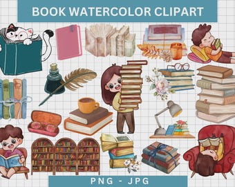 Buchliebhaber Aquarell Clipart Bundle, lesen PNG, digitaler Download