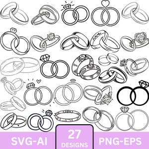 May include: Black and white line art illustrations of various wedding rings and bands. The image includes rings with diamonds, hearts, and the word "love". The image also includes the text "27 DESIGNS" and "SVG-AI" and "PNG-EPS".