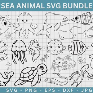 Puede incluir: Ilustraciones en blanco y negro de animales marinos, como peces, pulpos y ballenas. El texto "SEA ANIMAL SVG BUNDLE" está en la parte superior. También se incluyen los tipos de archivo SVG, PNG, EPS, DXF y JPG.