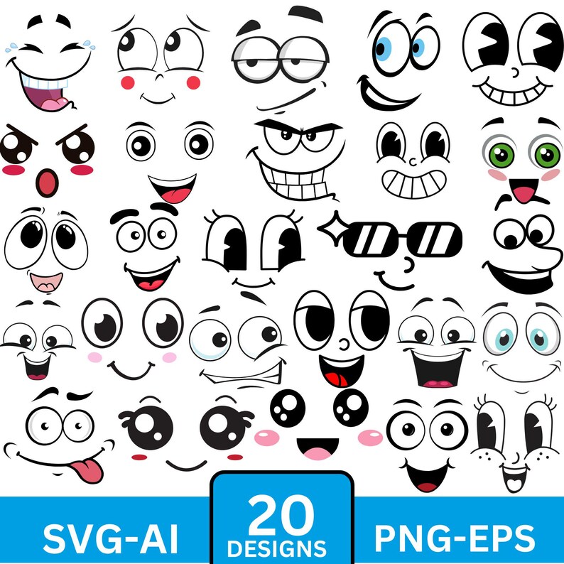 Cartoon Emotion Faces SVG Bundle: Funny Clipart Graphics (instant ...