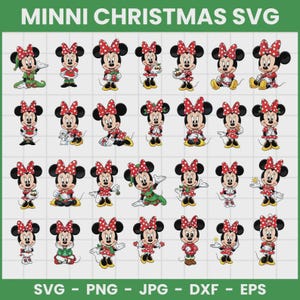 May include: A collection of Minnie Mouse Christmas SVG designs. Each design features Minnie Mouse in various festive outfits and poses, wearing a red bow with white polka dots. The text "MINNI CHRISTMAS SVG" is at the top, with file type options at the bottom.