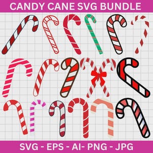 May include: A collection of candy cane designs in red, white, and green, with various stripe patterns and styles. The image includes the text "CANDY CANE SVG BUNDLE" and file type information: SVG, EPS, AI, PNG, and JPG.