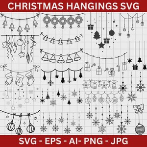 May include: Black and white line art of Christmas-themed hanging decorations. Includes bells, ornaments, stars, snowflakes, stockings, and gift boxes. The text "CHRISTMAS HANGINGS SVG" is at the top, and "SVG - EPS - AI - PNG - JPG" is at the bottom.
