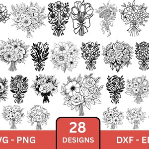 May include: A collection of 28 floral bouquet designs in black and white. The bouquets feature various flower types, tied with bows. The image includes the text "SVG - PNG" and "DXF - EPS" on a red background.