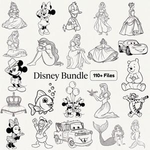 May include: A collection of black and white line drawings of Disney characters, such as princesses, Mickey Mouse, Minnie Mouse, Donald Duck, and Winnie the Pooh. The text "Disney Bundle" is shown with "110+ Files" underneath.