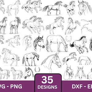 Könnte beinhalten: Eine Sammlung von 35 Pferde-Designs in Schwarz-Weiß, darunter rennende Pferde, Pferdeköpfe und ein Hufeisen. Die Designs sind in den Formaten SVG, PNG, DXF und EPS erhältlich. Das Bild hat ein lila Banner mit dem Text "35 Designs".