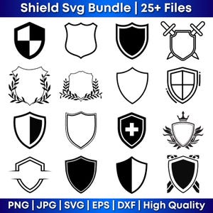 Op de afbeelding: Een verzameling schildontwerpen in zwart en wit, met verschillende vormen en stijlen. De afbeelding bevat schilden met kruisen, lauwerkransen en andere decoratieve elementen. De tekst "Shield Svg Bundle | 25+ Files" is zichtbaar.