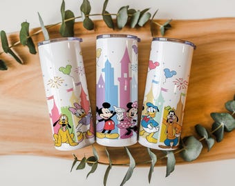 Cartoon Mouse Friends Becherverpackung PNG, 20 Unzen Skinny Tumbler, Magical Castle Sublimationsdesign, bunte Party Cup Wrap