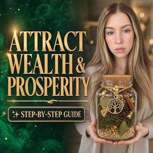 Puede incluir: Un frasco de vidrio transparente con tapa de corcho que contiene musgo, granos de café, ramas de canela y hojas de laurel. Un colgante dorado del árbol de la vida en una cadena descansa sobre el frasco. El texto dice ATTRACT WEALTH & PROSPERITY.
