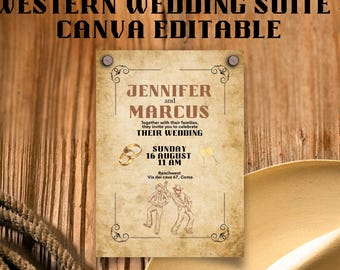 Bundel met sjablonen voor een bruiloft in westerse stijl • Rustieke cowboy-uitnodigingsset • Bewerkbare Canva-set • Save the Date, RSVP, menu, tijdschema, bedankkaart