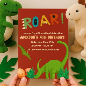 Inbjudan till dinosauriefödelsedag | Redigerbar Canvas-mall | Inbjudan till dinosauriefest för barn | Direkt digital nedladdning bild 6
