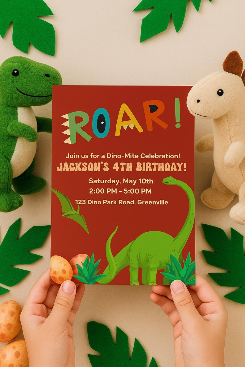 Inbjudan till dinosauriefödelsedag | Redigerbar Canvas-mall | Inbjudan till dinosauriefest för barn | Direkt digital nedladdning bild 6