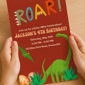 Inbjudan till dinosauriefödelsedag | Redigerbar Canvas-mall | Inbjudan till dinosauriefest för barn | Direkt digital nedladdning bild 5
