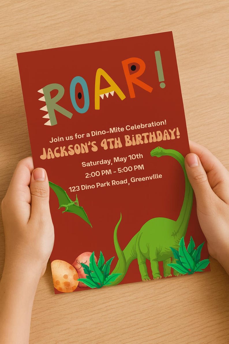 Inbjudan till dinosauriefödelsedag | Redigerbar Canvas-mall | Inbjudan till dinosauriefest för barn | Direkt digital nedladdning bild 5