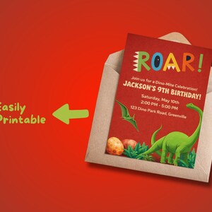 Inbjudan till dinosauriefödelsedag | Redigerbar Canvas-mall | Inbjudan till dinosauriefest för barn | Direkt digital nedladdning bild 2