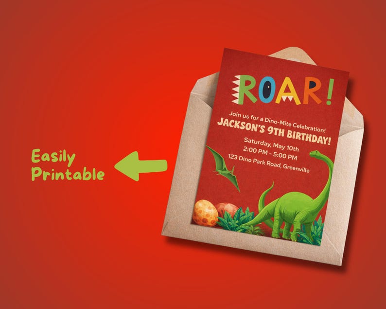 Inbjudan till dinosauriefödelsedag | Redigerbar Canvas-mall | Inbjudan till dinosauriefest för barn | Direkt digital nedladdning bild 2