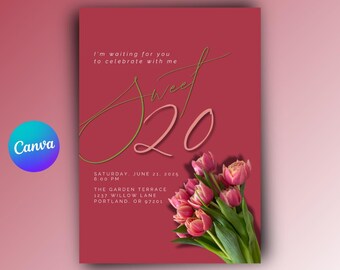 Elegant sjabloon voor een uitnodiging voor een 20e verjaardag | Bewerkbare Canva-uitnodiging | Roze tulpen bloemen verjaardagsuitnodiging | Digitale download