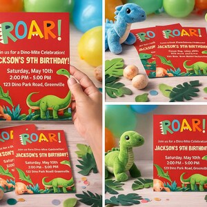 Inbjudan till dinosauriefödelsedag | Redigerbar Canvas-mall | Inbjudan till dinosauriefest för barn | Direkt digital nedladdning bild 9