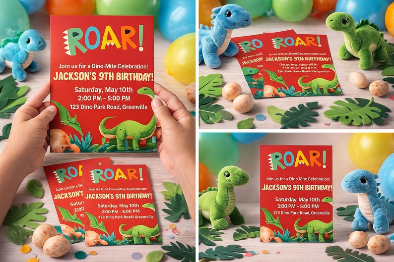 Inbjudan till dinosauriefödelsedag | Redigerbar Canvas-mall | Inbjudan till dinosauriefest för barn | Direkt digital nedladdning bild 9