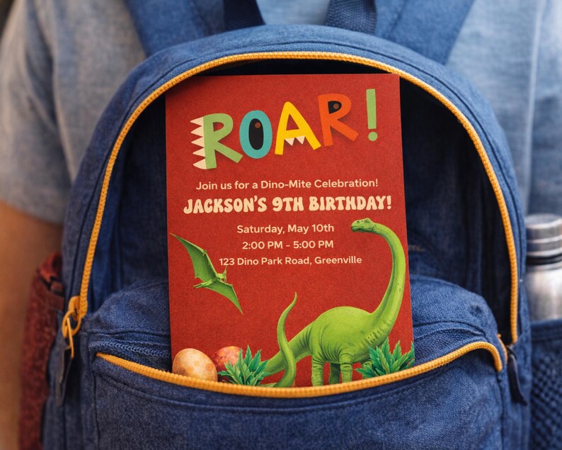 Inbjudan till dinosauriefödelsedag | Redigerbar Canvas-mall | Inbjudan till dinosauriefest för barn | Direkt digital nedladdning bild 11