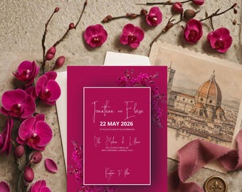 Fuchsia Orchidee Trouwuitnodiging Set Sjabloon | Elegante Bloemen Trouwkaartenset | Uitnodiging, RSVP, Menu, Tijdschema & Naamkaartjes