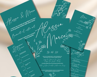 Trouwuitnodigingsset in turquoise, bewerkbaar trouwpakket, inclusief RSVP-kaart, menu, tijdschema en tafelindeling, direct te downloaden.