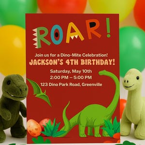 Inbjudan till dinosauriefödelsedag | Redigerbar Canvas-mall | Inbjudan till dinosauriefest för barn | Direkt digital nedladdning bild 7