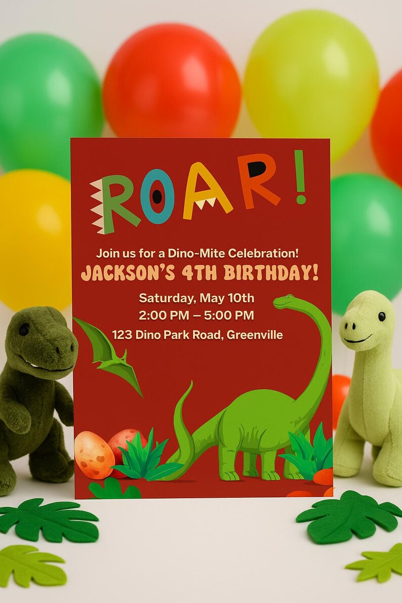 Inbjudan till dinosauriefödelsedag | Redigerbar Canvas-mall | Inbjudan till dinosauriefest för barn | Direkt digital nedladdning bild 7