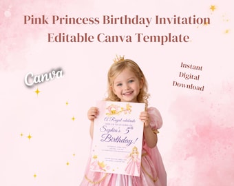 Roze prinses verjaardagskaart | Bewerkbare Canva-sjabloon | Uitnodiging voor een meisjesfeestje | Direct digitaal te downloaden