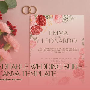 Peut inclure: Un modèle de faire-part de mariage avec des motifs floraux et les noms "Emma et Leonardo". L'invitation comprend la date, l'heure et le lieu du mariage. Des alliances dorées et des fleurs sont également visibles.