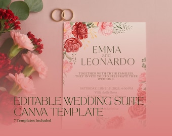 Bloemenbruiloftsuitnodigingsset • Bewerkbare Canva-sjablonen • Uitnodiging, menu, programma, RSVP, naamkaartje • Romantische roze bruiloftset • Insta