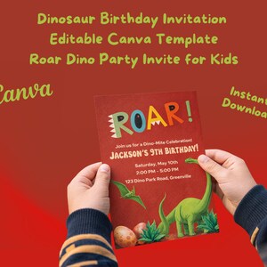 Inbjudan till dinosauriefödelsedag | Redigerbar Canvas-mall | Inbjudan till dinosauriefest för barn | Direkt digital nedladdning bild 1
