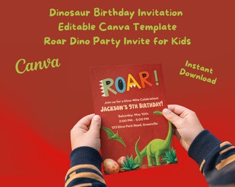 Dinosaurus verjaardagskaart | Bewerkbare Canva-sjabloon | Uitnodiging voor een dinofeestje voor kinderen | Direct digitaal te downloaden