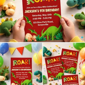 Inbjudan till dinosauriefödelsedag | Redigerbar Canvas-mall | Inbjudan till dinosauriefest för barn | Direkt digital nedladdning bild 8