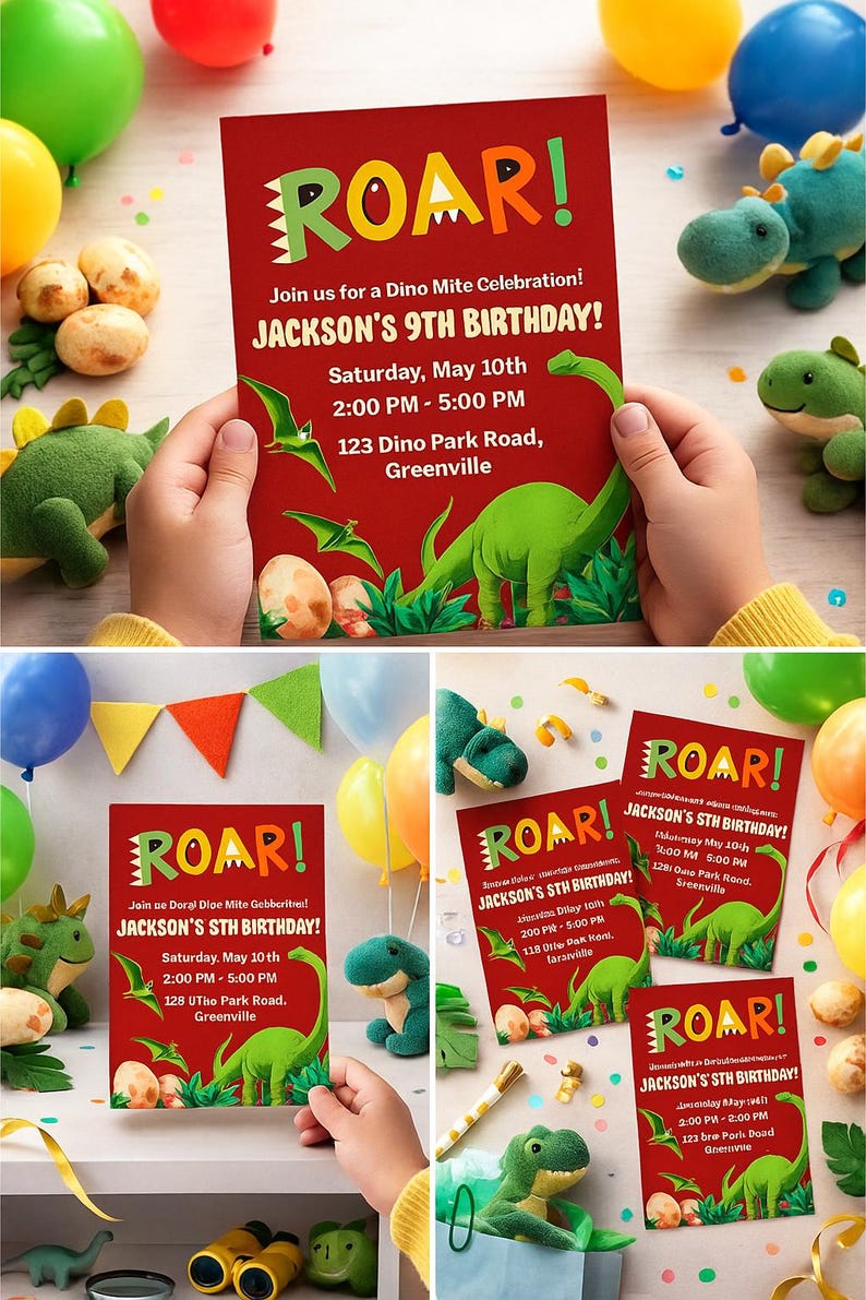 Inbjudan till dinosauriefödelsedag | Redigerbar Canvas-mall | Inbjudan till dinosauriefest för barn | Direkt digital nedladdning bild 8