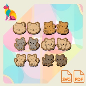 Pode incluir: Uma coleção de recortes de cortiça em forma de gato em várias poses e cores, incluindo bege, cinza e marrom. Os gatos têm rostos sorridentes e estão dispostos em fileiras. A imagem também inclui uma ilustração de gato colorida e ícones SVG/PDF.