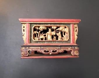 Vintage Chinese Carved Wood Joss Holder Red Gilt Incense Stand Scholar Deer Crane Marked Family Collection