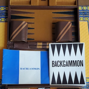May include: Open backgammon set in a brown leather case with a tan interior. Includes game pieces, dice, and instruction booklets. The booklets have the word "BACKGAMMON" printed on them.