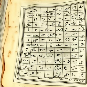 Peut inclure: Un livre ouvert avec des pages jaunies et vieillies. Une grille détaillée de texte et de symboles manuscrits remplit une page, encadrée par une bordure noire. Le texte semble être écrit dans une écriture ancienne.