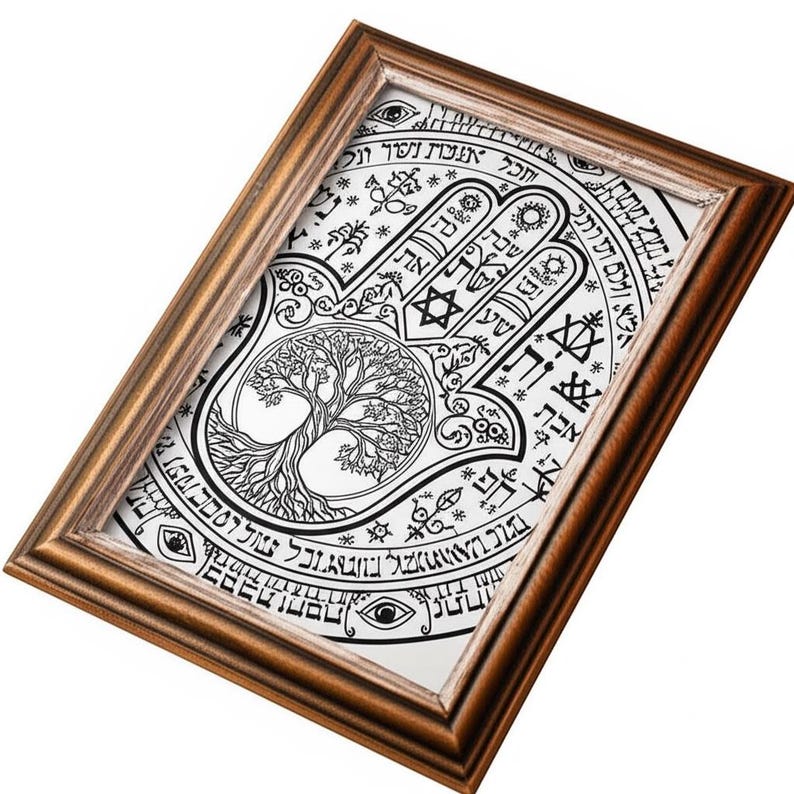 Puede incluir: Una impresi&oacute;n art&iacute;stica en blanco y negro enmarcada de una mano de Hamsa. La obra de arte presenta un dise&ntilde;o detallado del &aacute;rbol de la vida dentro de la mano, rodeado de texto y s&iacute;mbolos hebreos. El marco es de color marr&oacute;n medio.